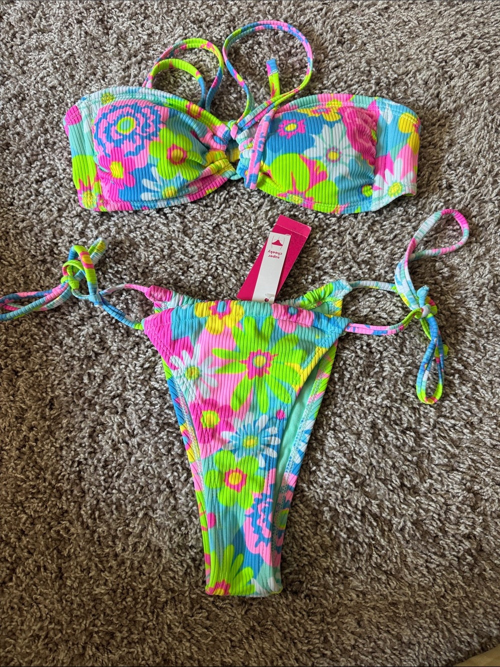 Bright Floral Bandeau Bikini Set - Pink/Blue/Green - Size M - NWT